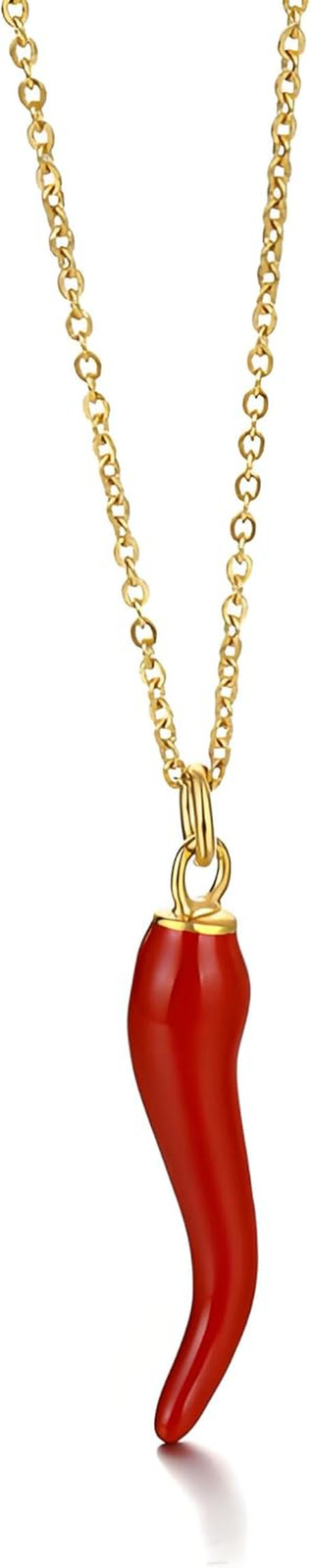 Italian Horn Necklace – 14K Gold Plated Cornicello Red Horn Pepper Necklace Amul