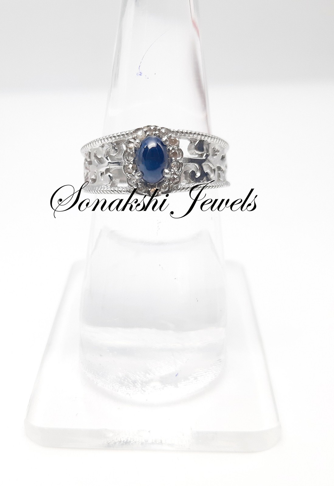 Blue Sapphire Ring: Handcrafted Sterling Silver Pave Diamond Jewelry Ring
