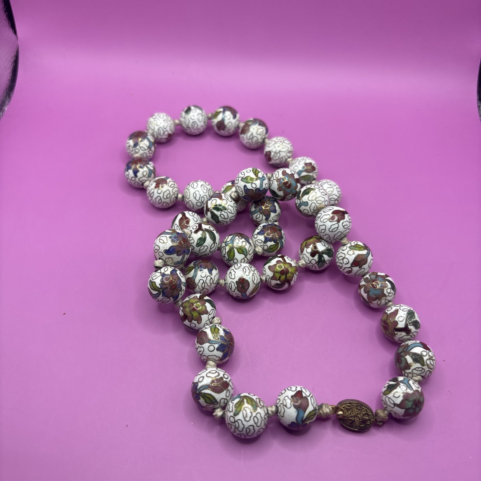 Vintage Chinese Cloisonne Bead Necklace White Enamel Floral Hand Knotted 27”