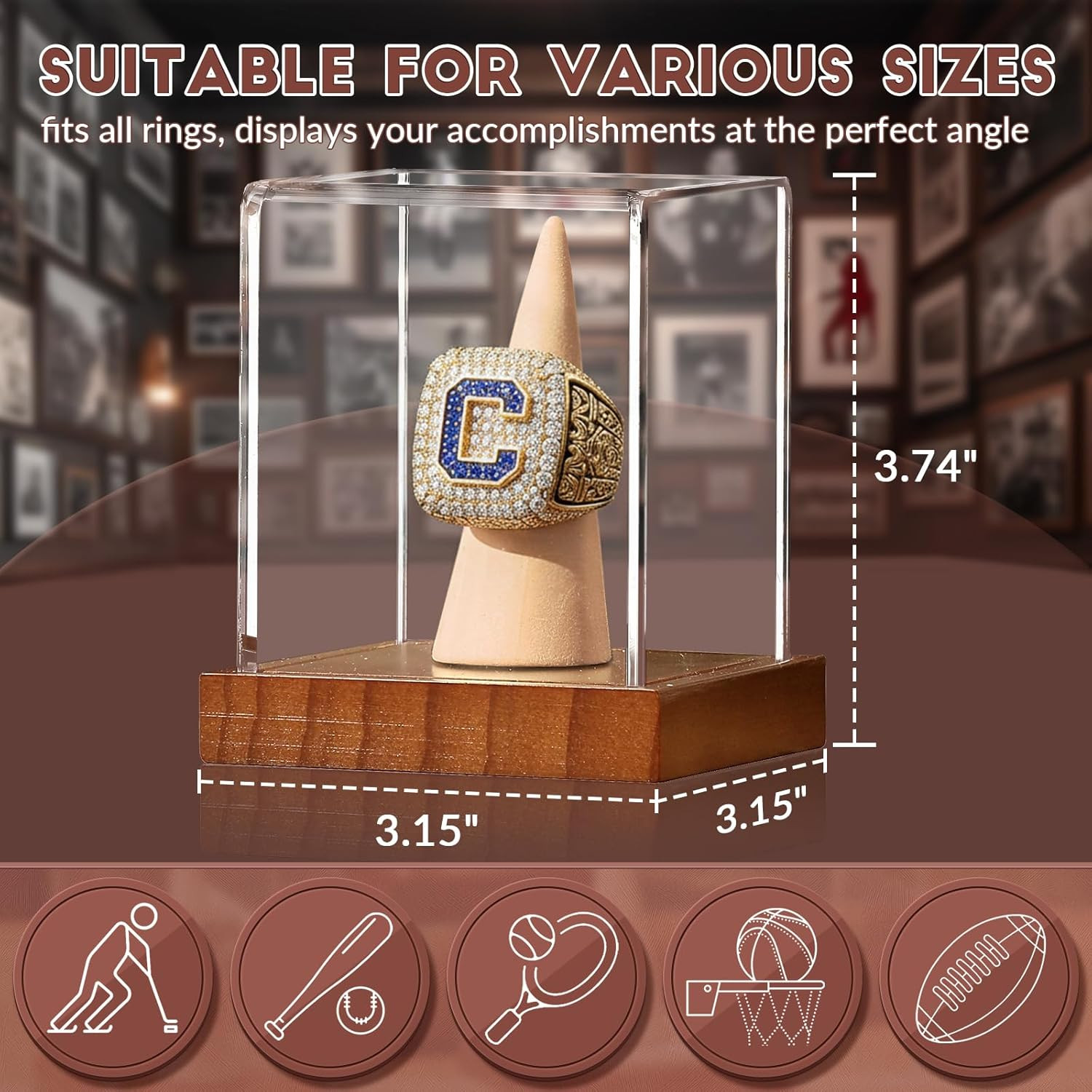 Championship Ring Display Case, Clear Acrylic Single Ring Holder with Wood