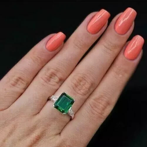 1.50CT Emerald Cut Lab Created Green 14K White Gold Finish Engagement Ring