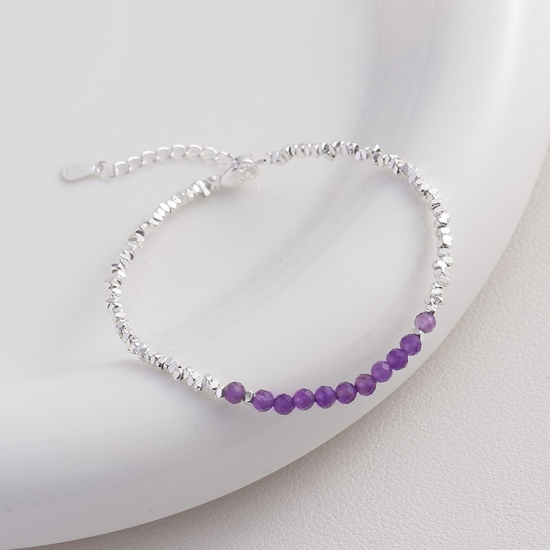 Amethyst Purple Crystal Sterling Silver Beaded Healing Protection Women Bracelet