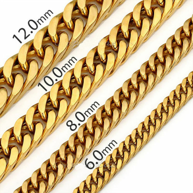 6/8/10/12/14mm Mens Boys 316L Stainless Steel 18K Gold Curb Cuban Chain Necklace