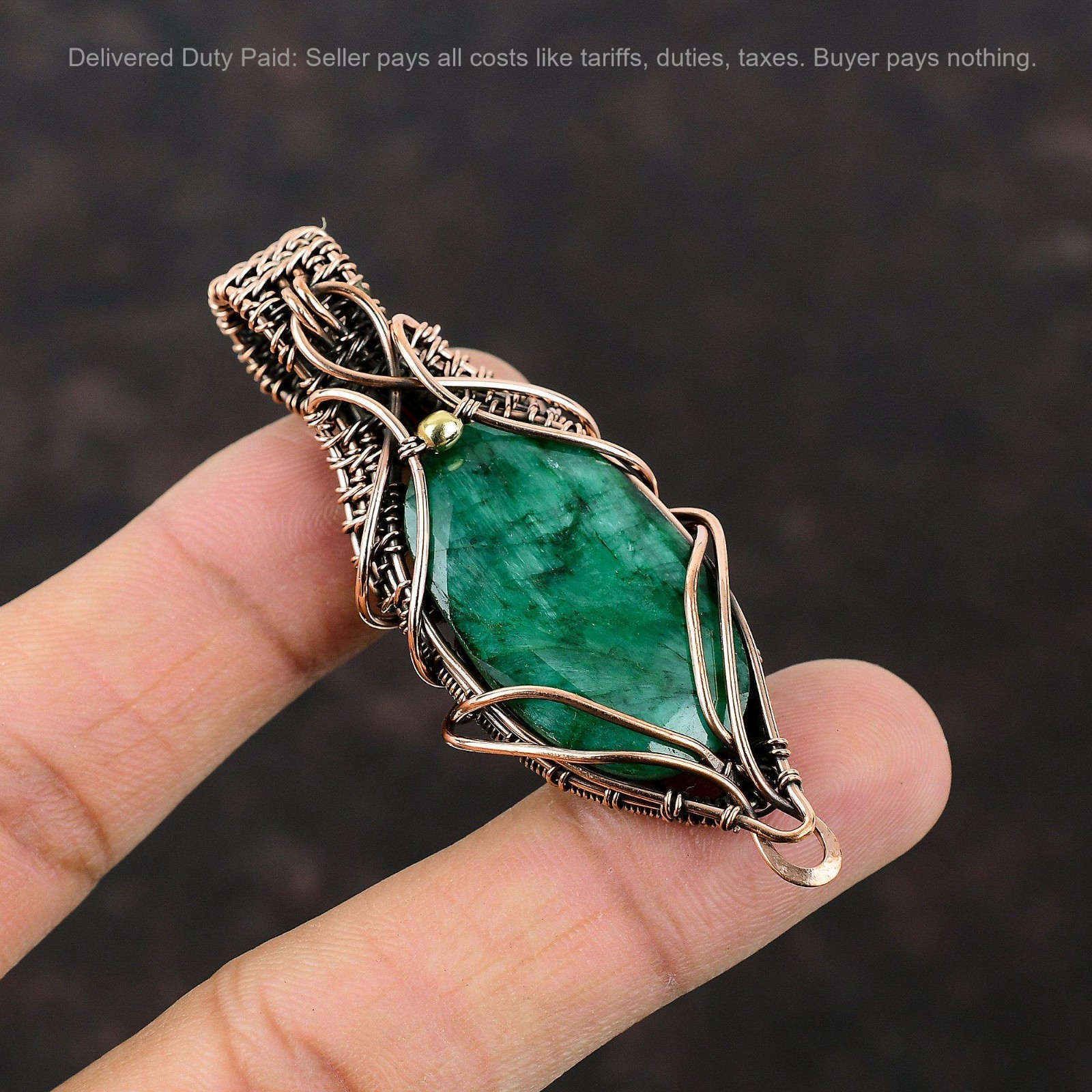 Faceted Zambian Emrald Stone Wife Wire Wrapped Birthday Pendant Jewelry Copper