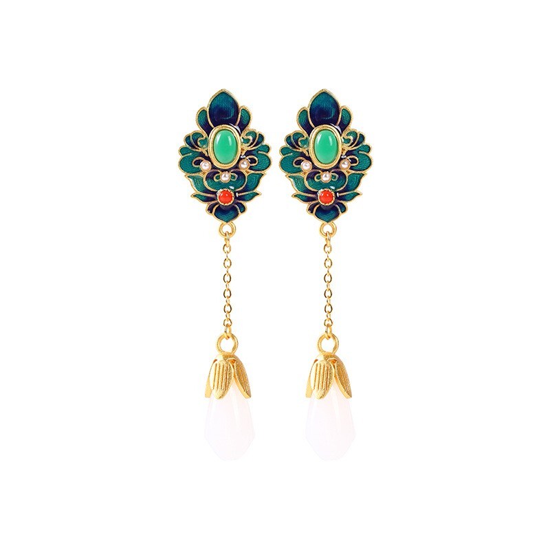 Jade Drop Dangle Earrings Bohemian Cloisonne Gemstone 18K White Gold Plated