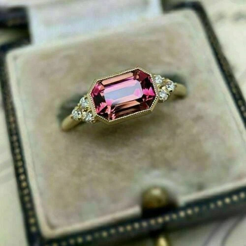 2Ct Emerald Cut Lab-Created Ruby Women’s Engagement Ring 14K Yellow Gold Finish