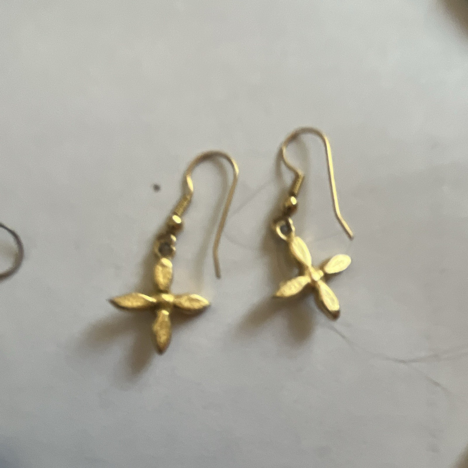 Gold Metal Flower Dangle Drop Earrings, Hook Closure, No Stone