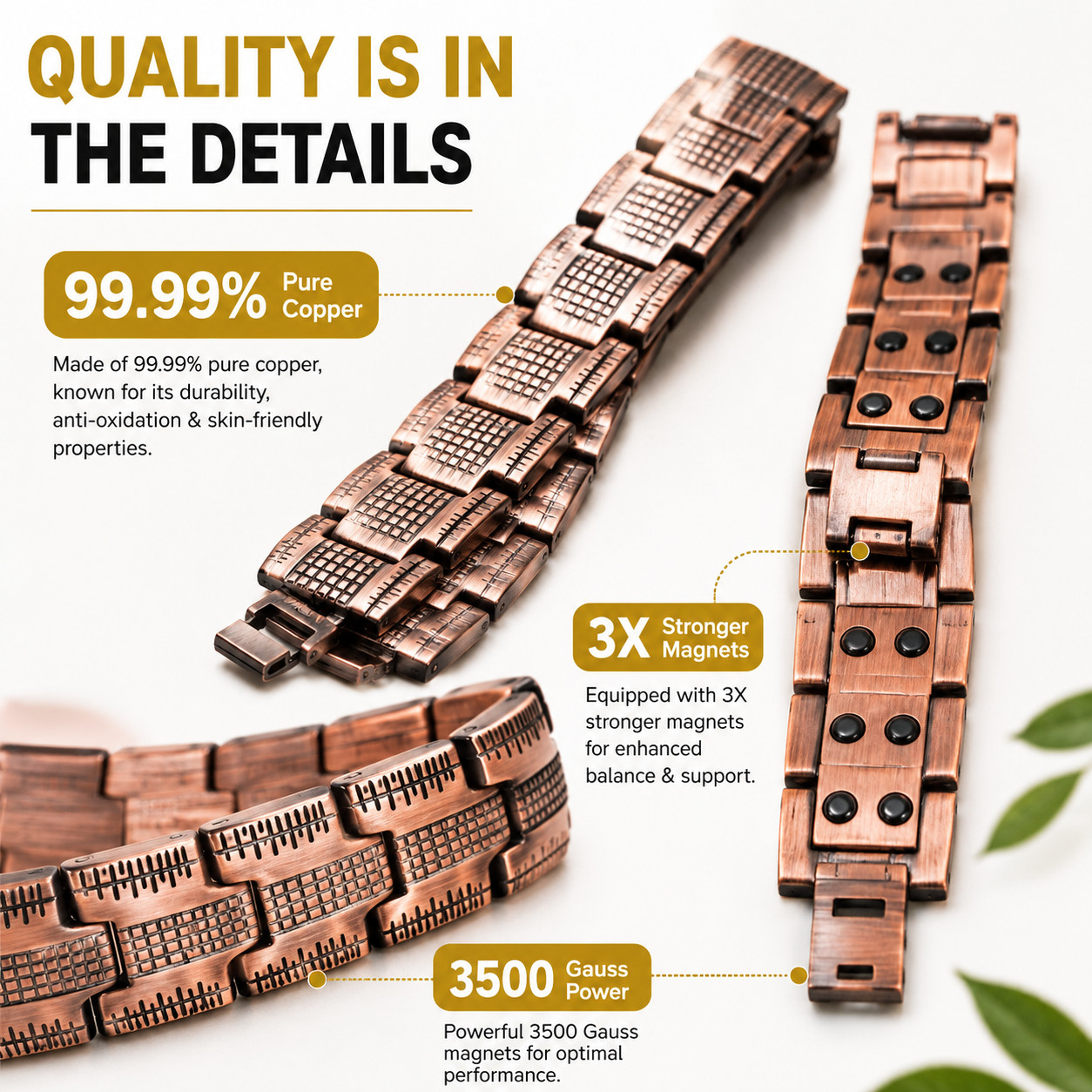 3X Ultra Strength Magnetic Copper Bracelet for Men Vintage Therapy Energy Gift