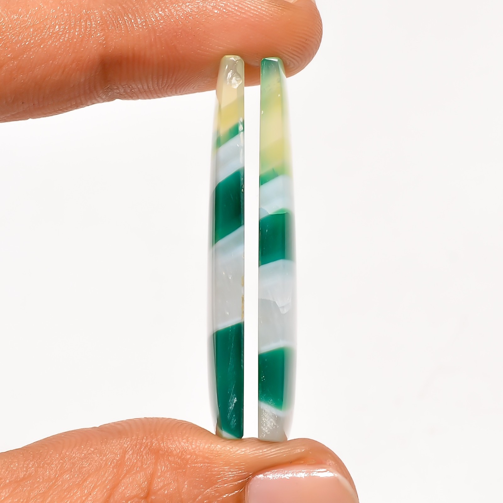 Green Banded Agate Gemstone Matching Pair 42x15mm Fancy Shape Earrings Stone