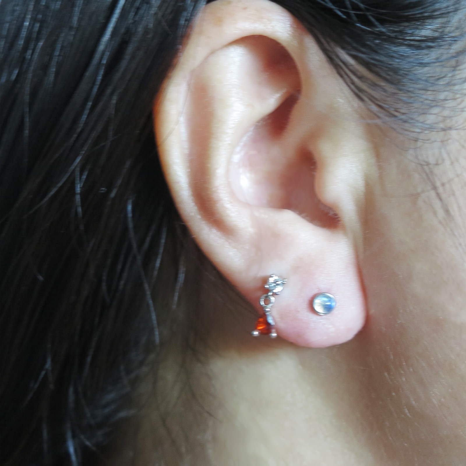 18GTiny Genuine Rainbow Moonstone Titanium Threadless Stud Earring Handmade inUS
