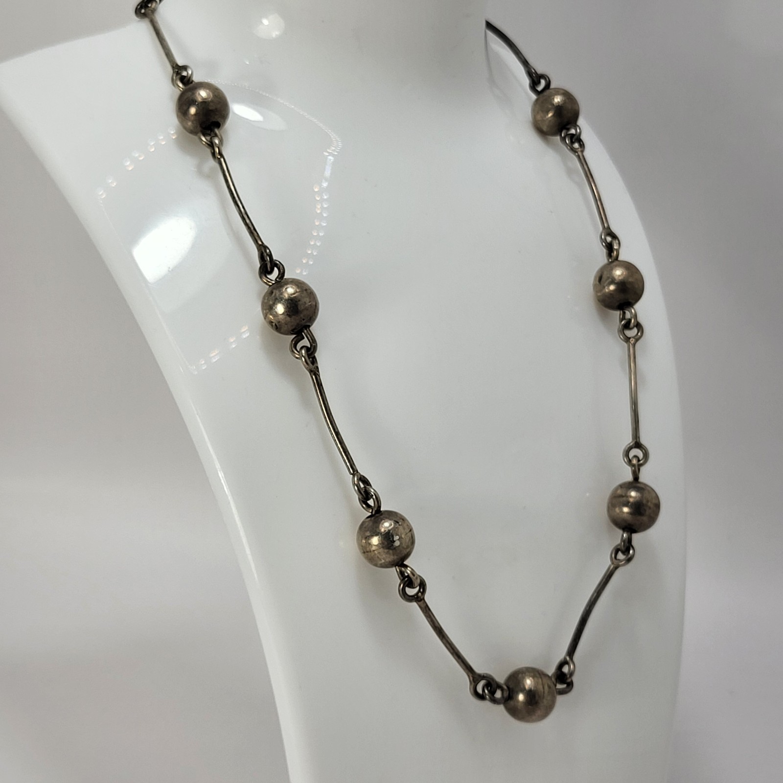 Vintage Mexico Ball And Bar Link Necklace 16″ Sterling S Handmade 27 Grams 9+mm