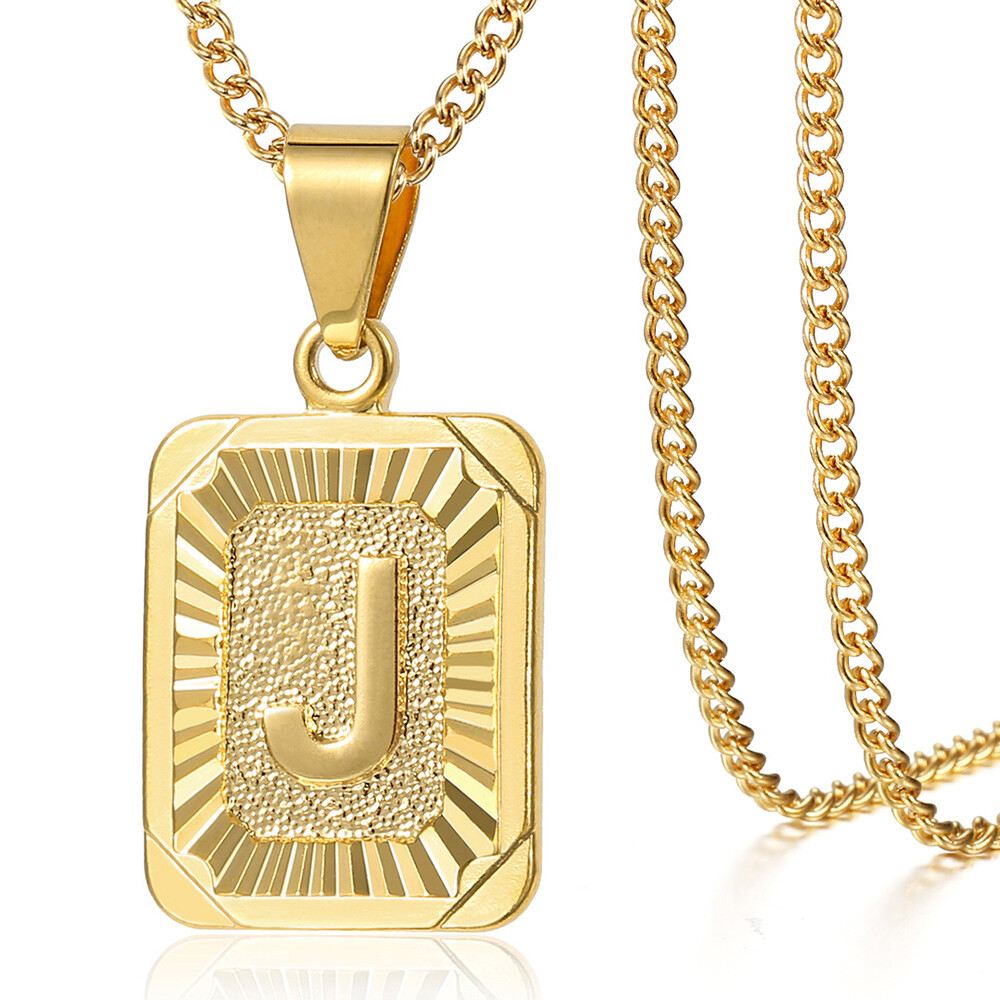 Gold Plated Initial Necklace Letter Pendant Stainless Steel Curb Chain Unisex