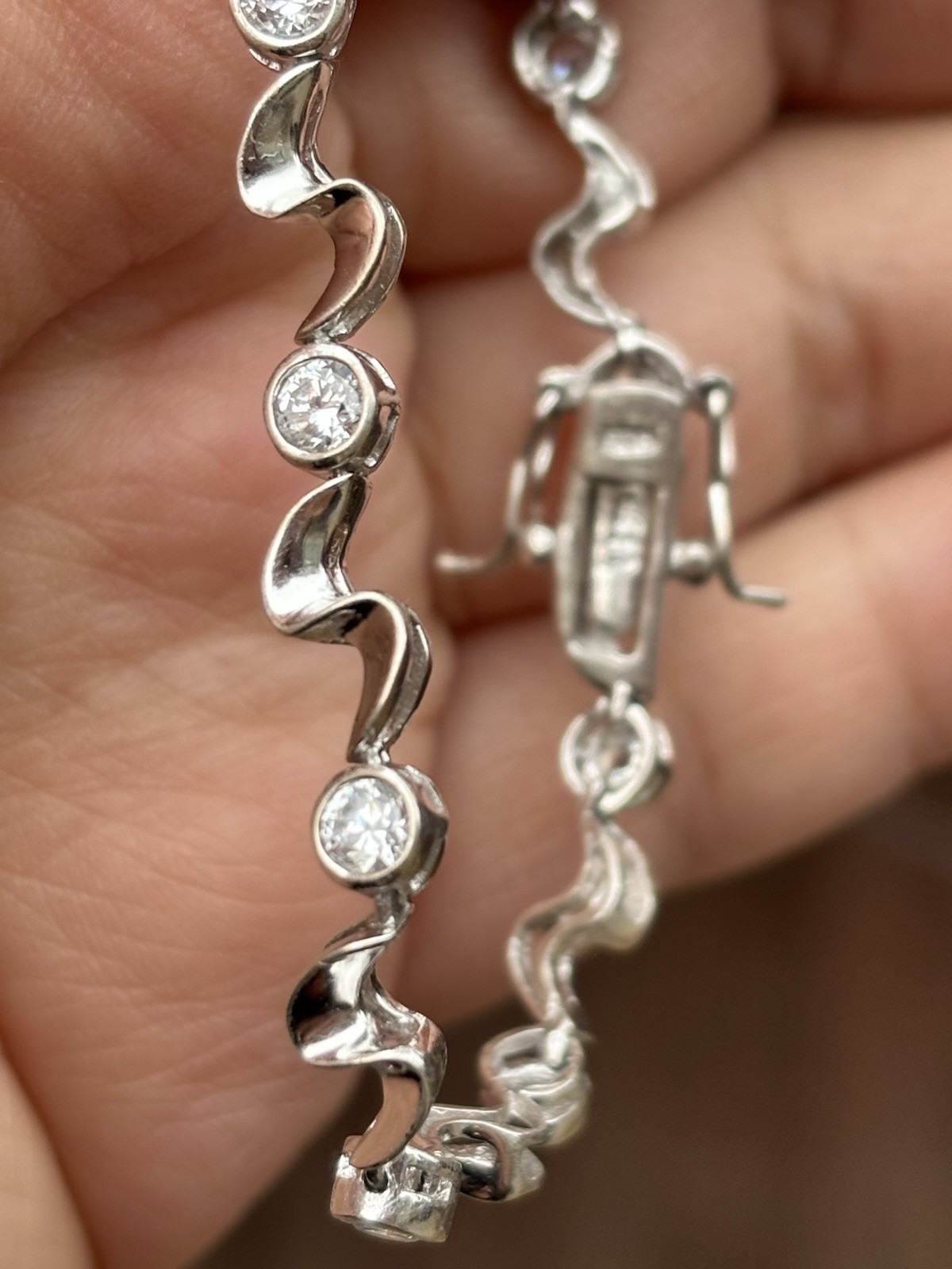 Vintage 925 Sterling Silver CZ Tennis Bracelet Wave Link CZ 7” Woman’s Jewelry