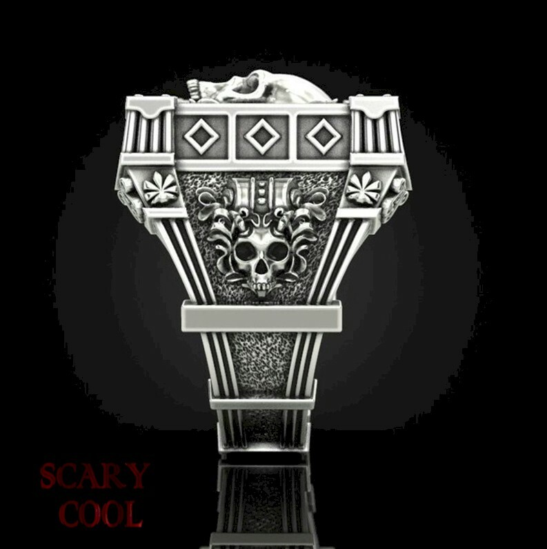 New Skull Skeleton Red Crystal Embossed Head Silver Mens Gothic Biker Ring