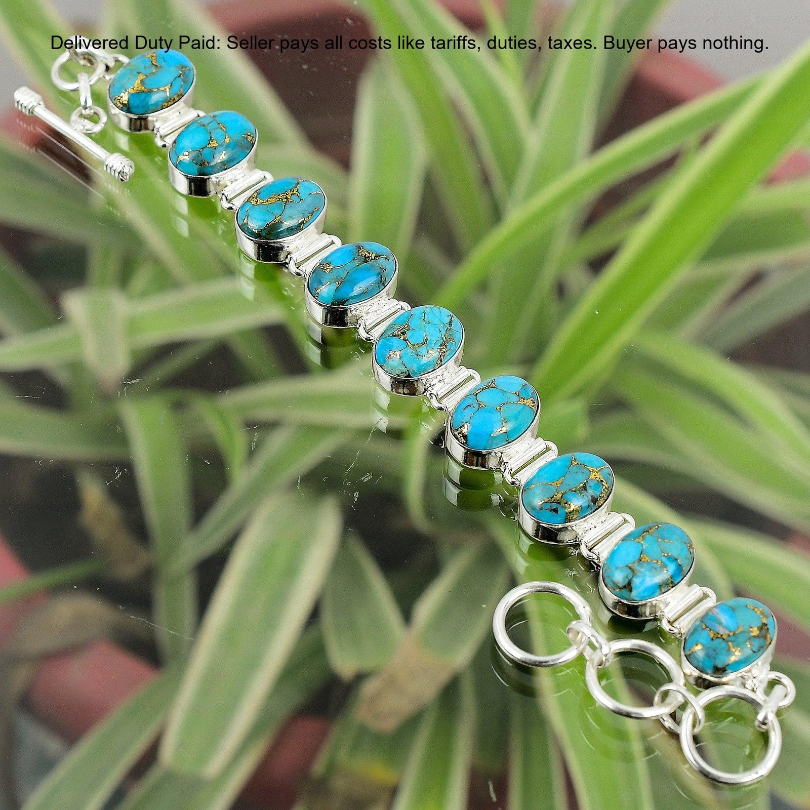 Natural Copper Blue Turquoise Unique Chain Bracelet Jewelry 925 Sterling Silver