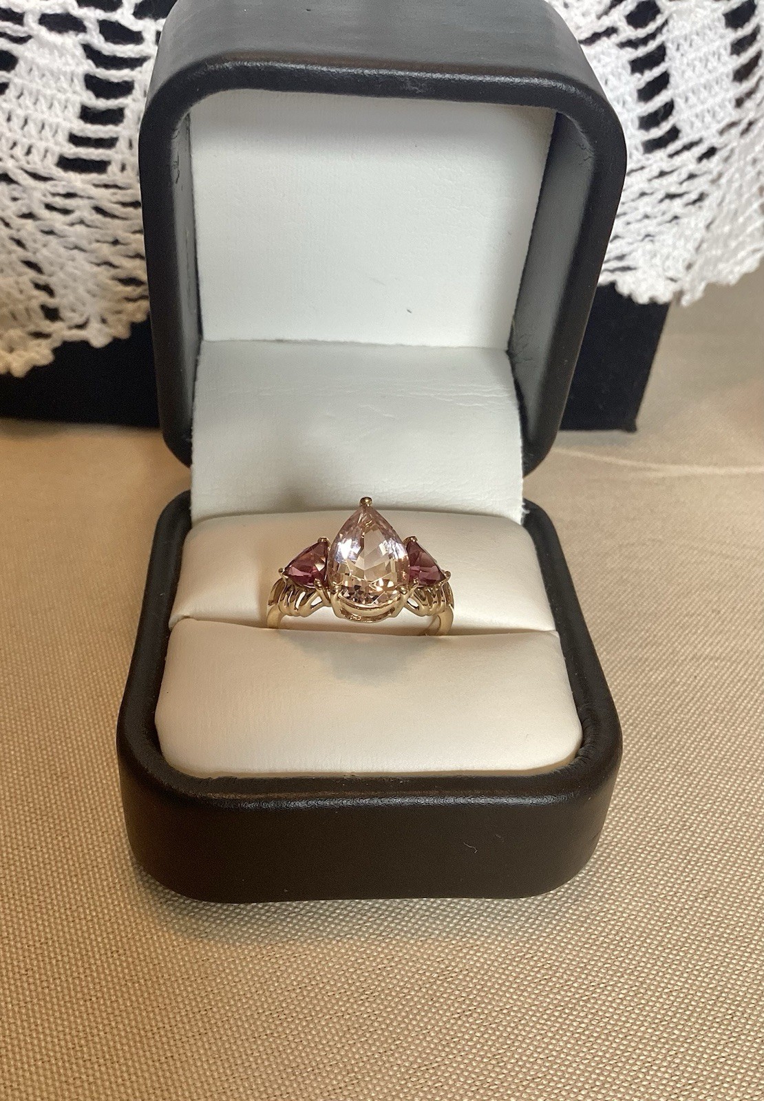 Ladies 14KT Pear Shaped Morganite and Rhodolite Garnet Ring Size 6.5