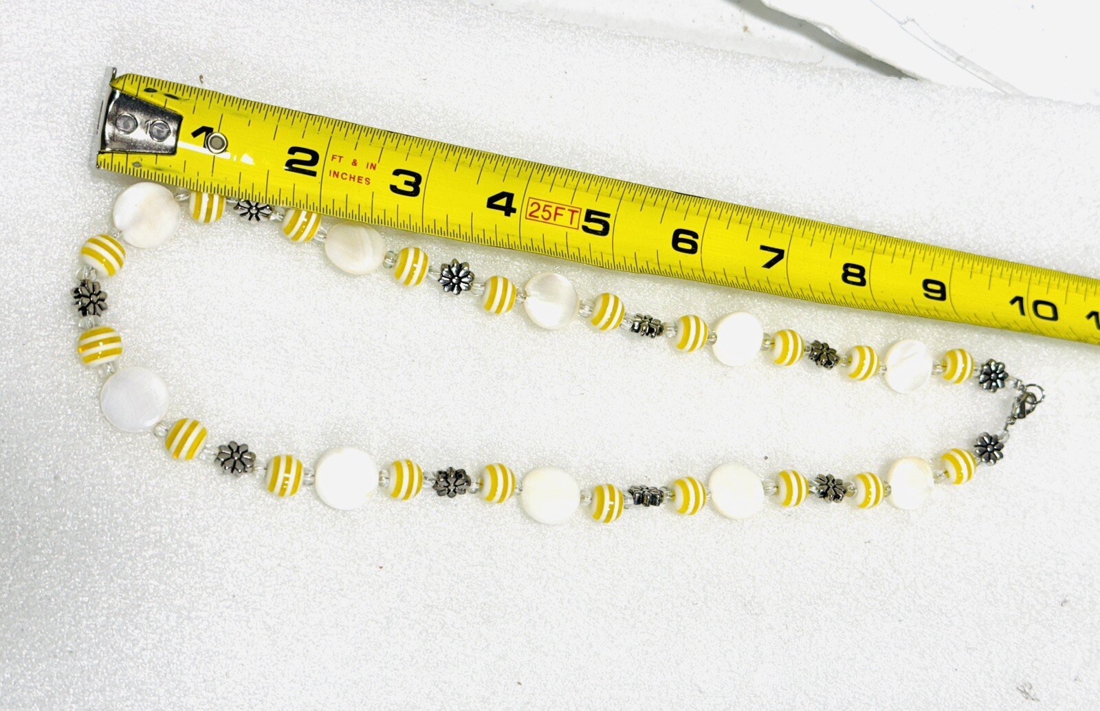Acrylic Lucite Stripe Beads Silver Flower Necklace White Yellow Spring Handmade