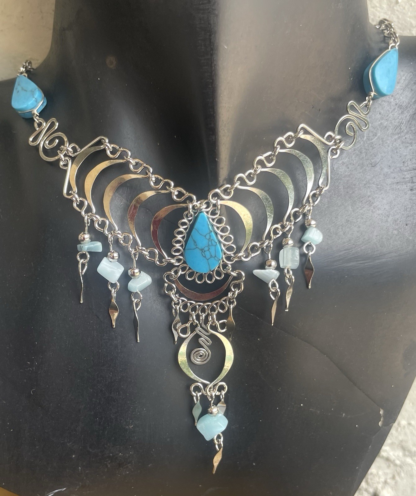Peruvian Blue Turquoise Semi-Precious Stone Necklace Long Earrings Set Boho Peru