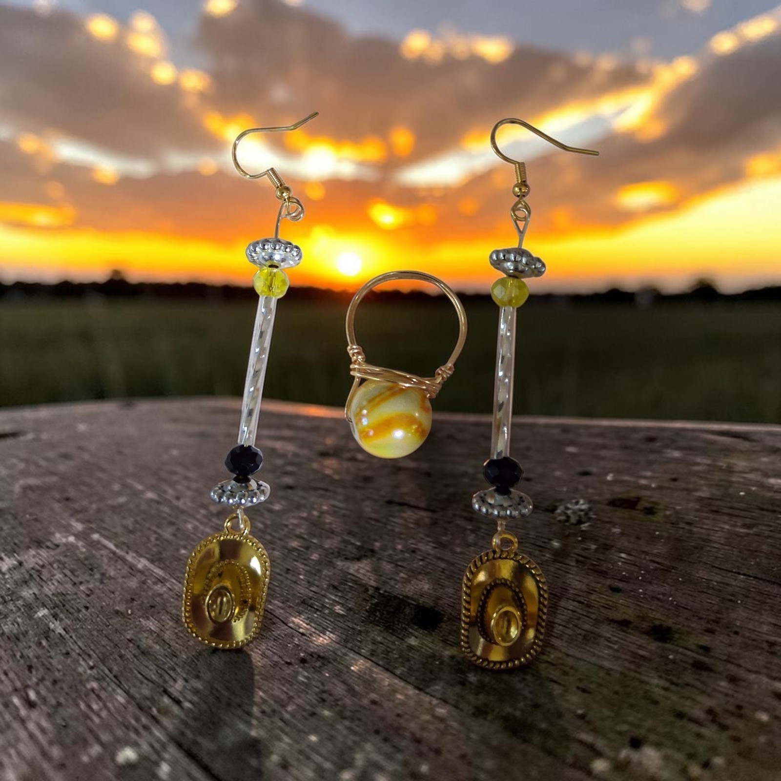 Gold Beaded Dangle Drop Hook Earrings for Lobe Piercing With Cowgirl Hat Charm