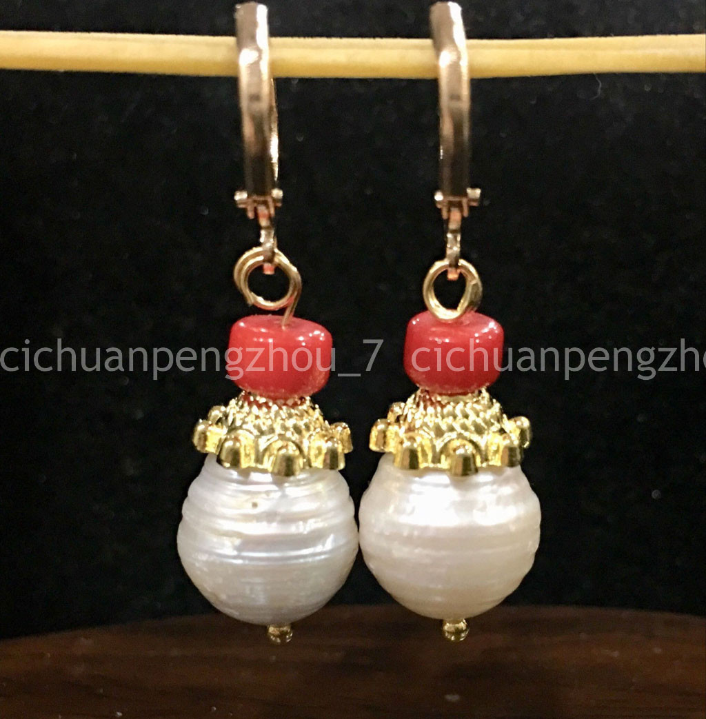 AAA 12x15mm South Sea White Baroque Pearl Red Coral Dangle Leverback Earrings