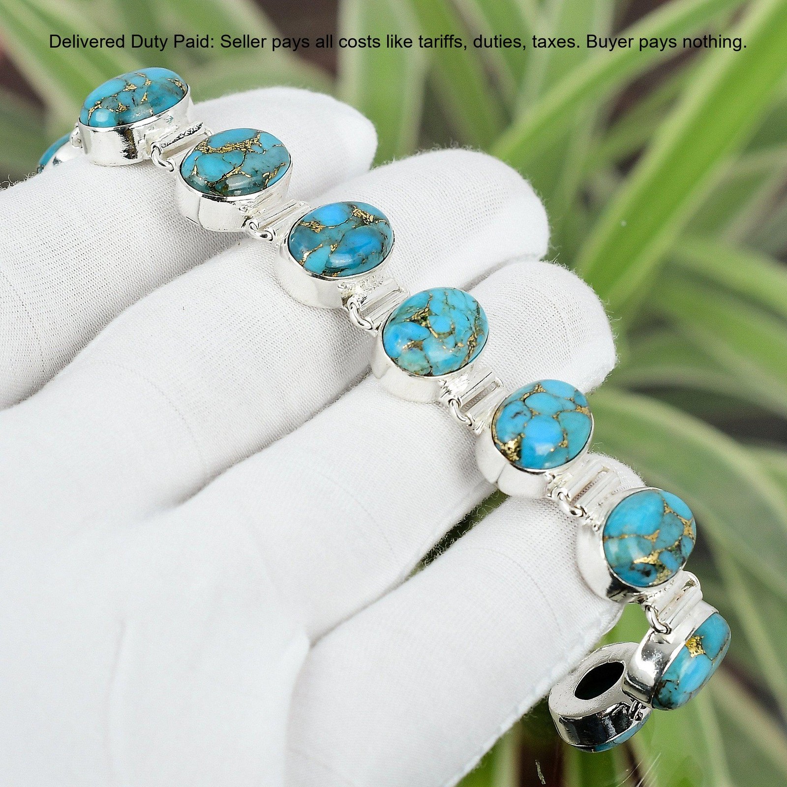 Natural Copper Blue Turquoise Unique Chain Bracelet Jewelry 925 Sterling Silver