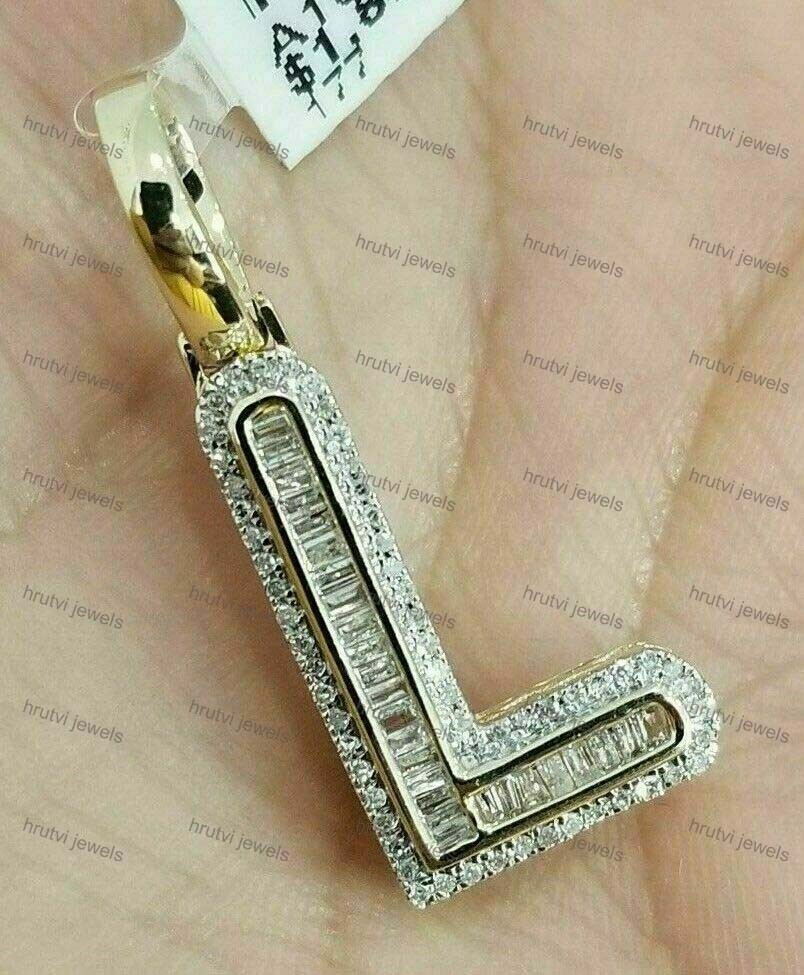 Yellow Gold Plated Baguette & Round Moissanite Initial Alphabet Letter L Pendant