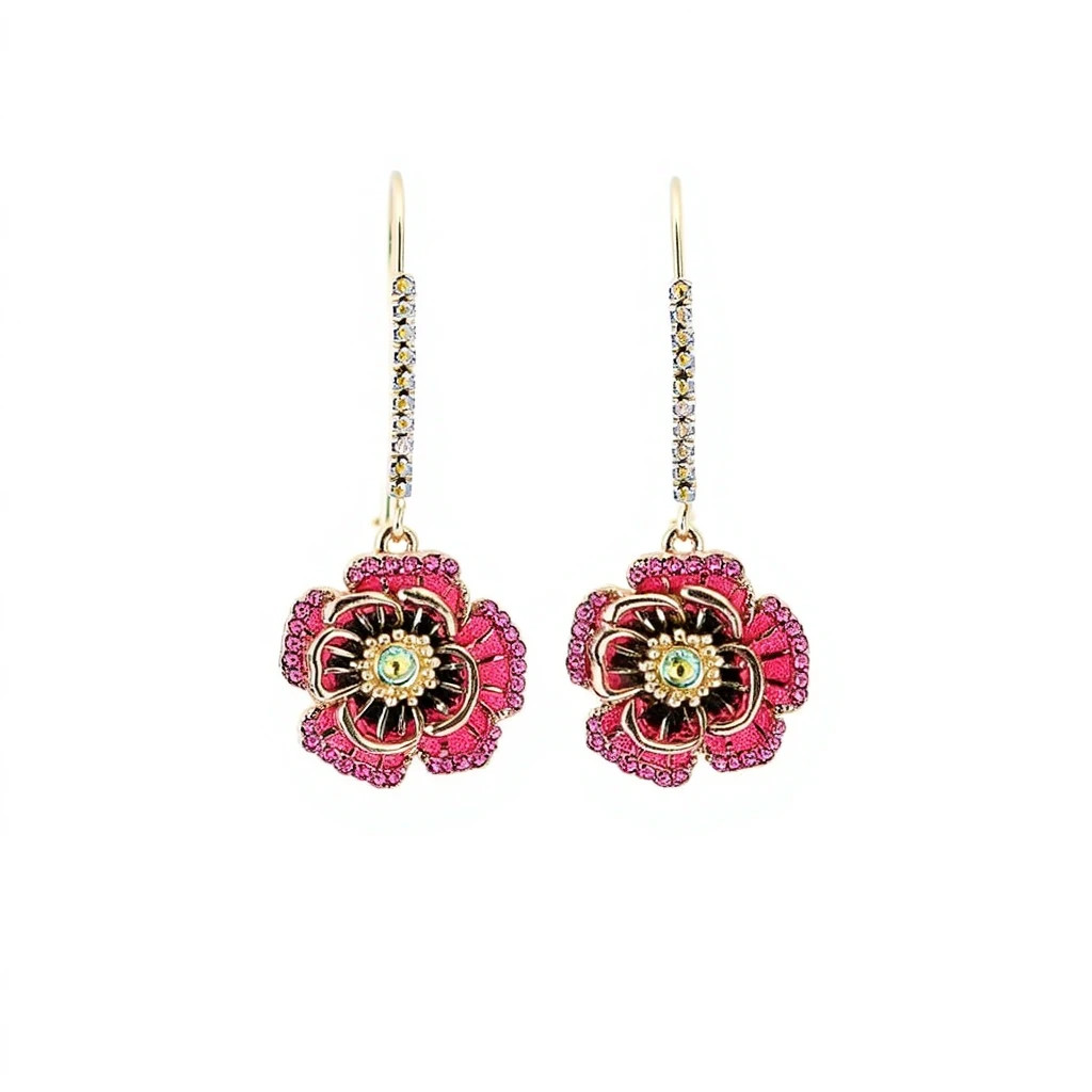 Floral Drop Earrings Women Gold Tone Crystal Rose Flower Hook Statement Boho