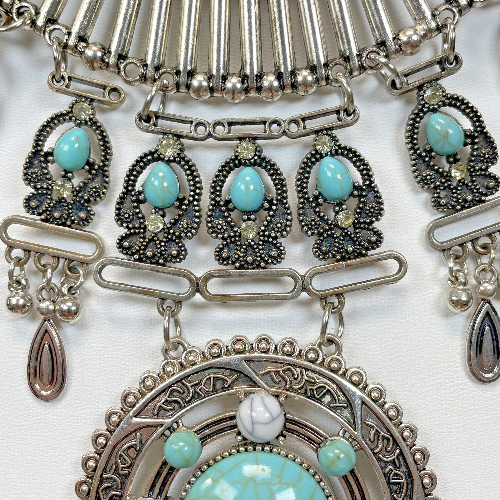 Silver Tone Faux Turquoise Matrix Statement Necklace Feather Bead Southwestern