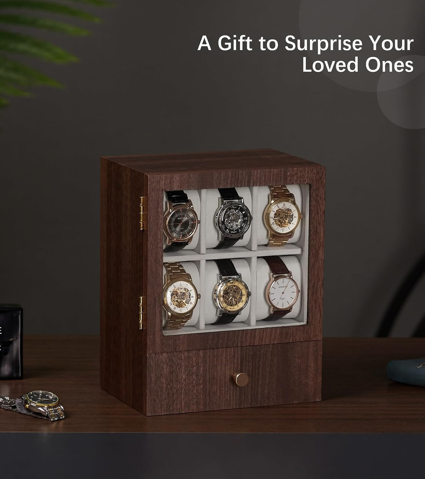 Wooden Watch Box for Men, Display Case with 6 Slots, Organizer for Watches