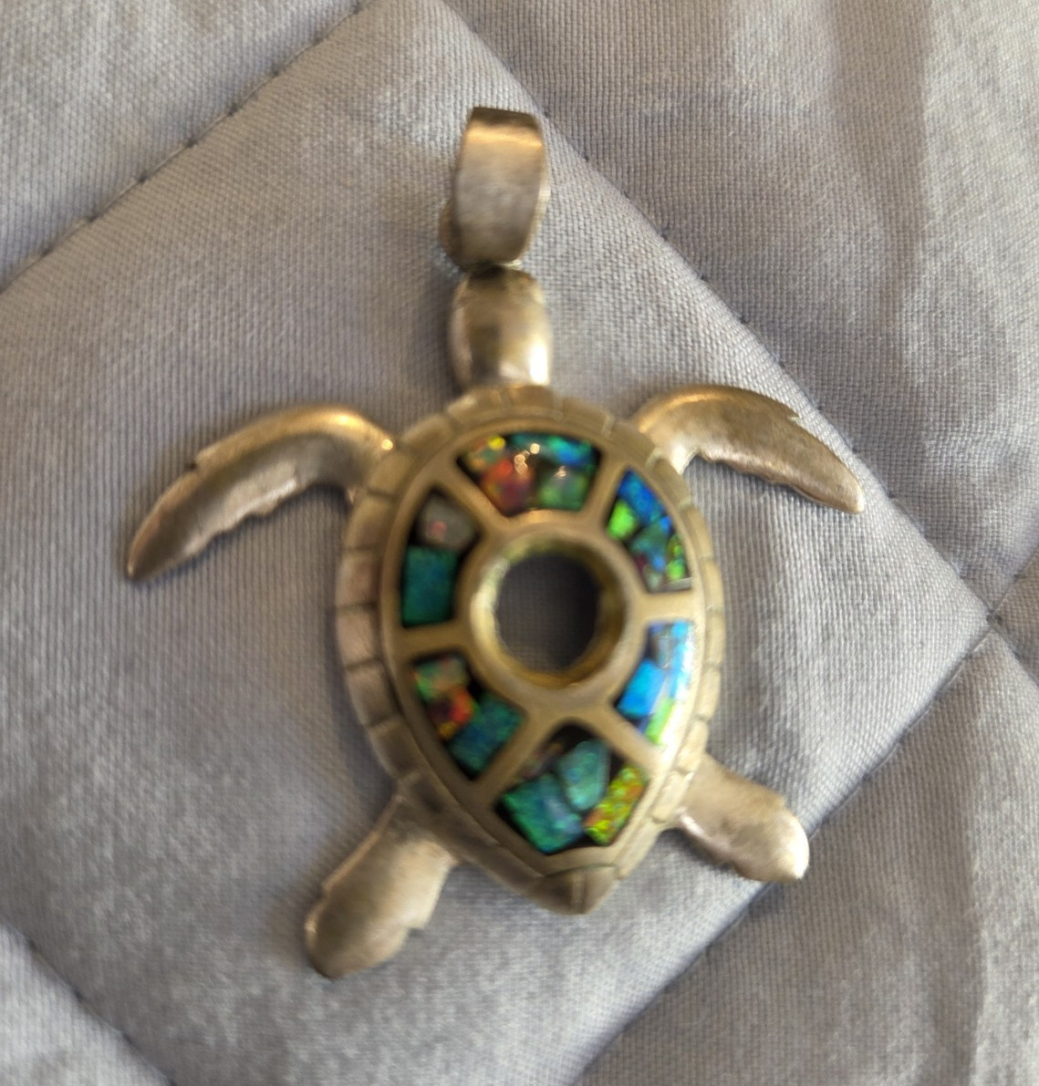 Silver Tone Turtle Charm Pendant, Multicolor Inlay Sea Animal Theme