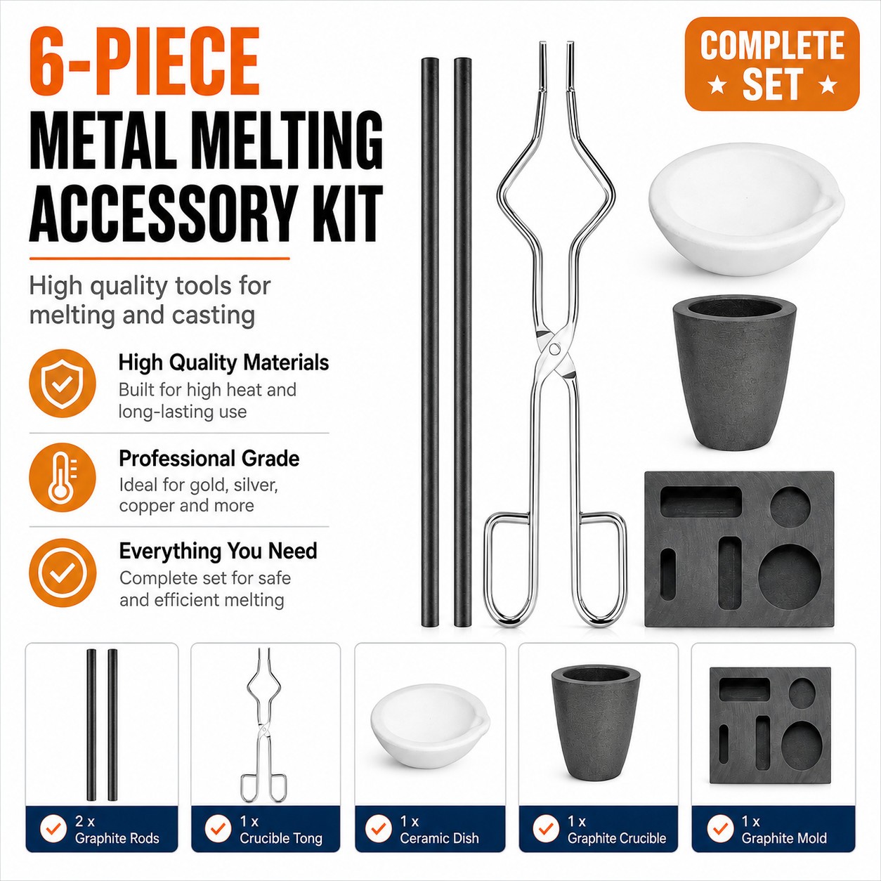6Pack Metal Melting Refining Kit Graphite Mold Crucible Tongs Rods Copper