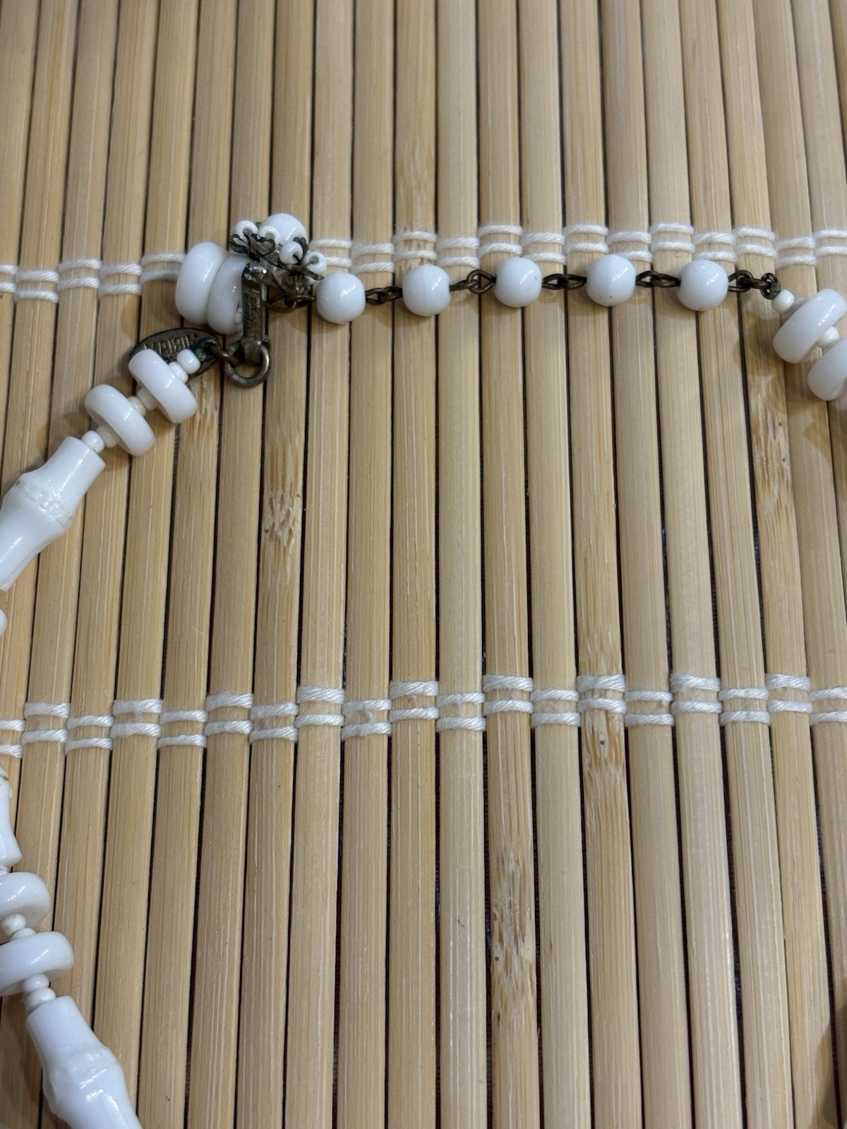 Vintage MIRIAM HASKELL White Bamboo Beaded Necklace Bib Ladder 12” Signed