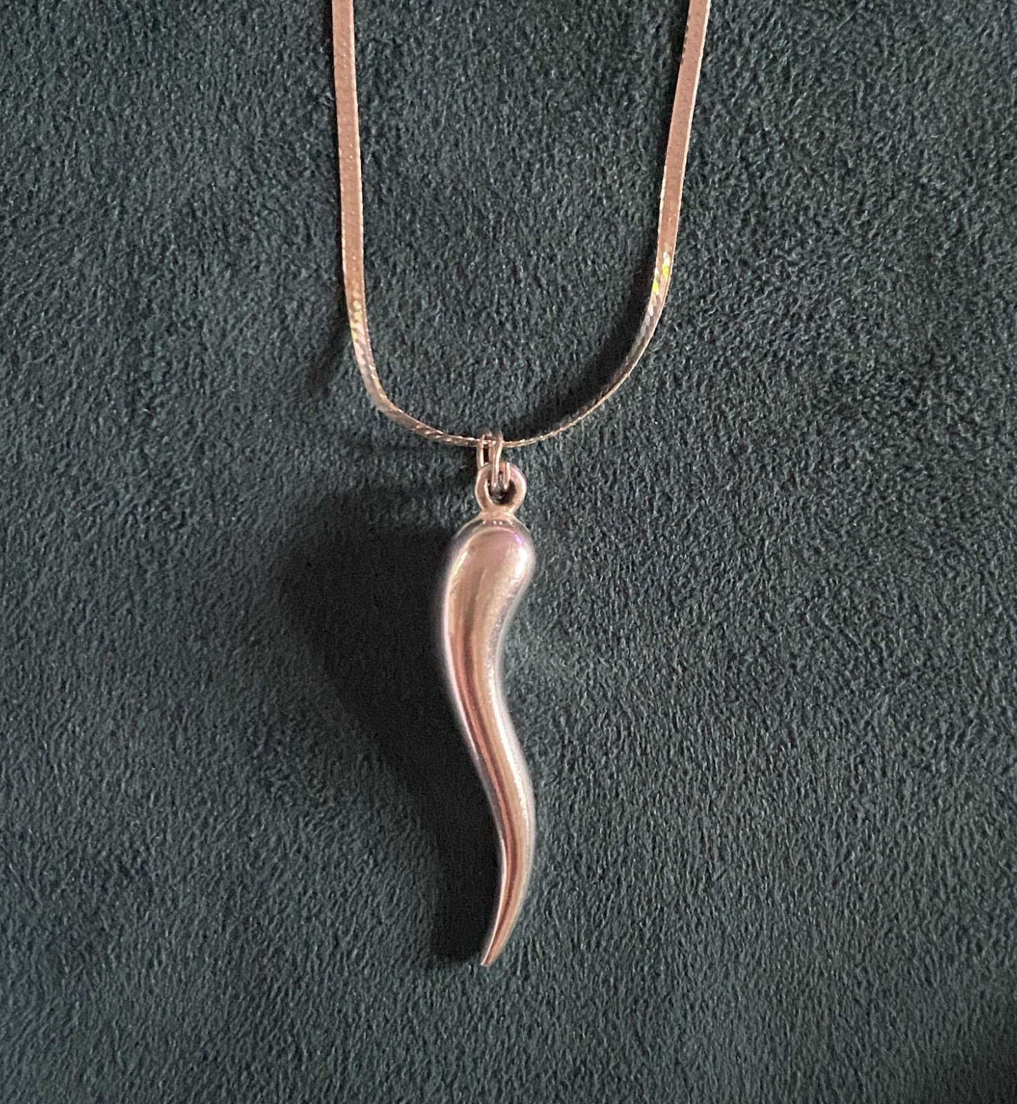 Sterling Silver 925 2” Italian Horn Pendant & 18” Flat Snake Chain Necklace