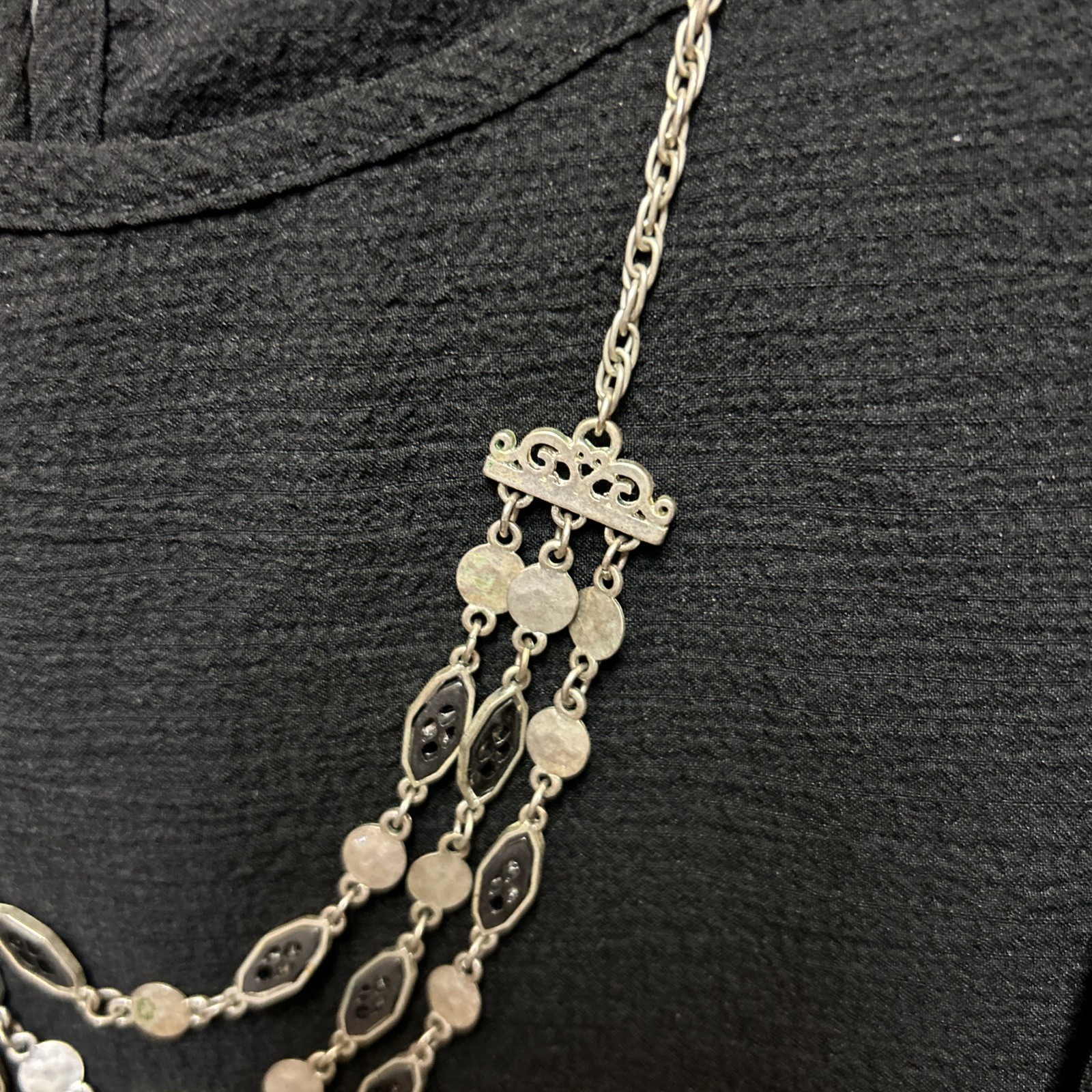 Boho 3 Strand Silver Tone Coin Disc Link Layered Necklace with Extender Clasp