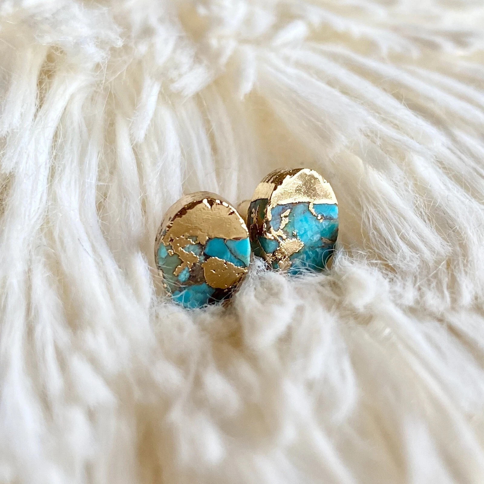 Tiny Blue Turquoise Earrings Gold Plated Dainty Minimalist Studs Small Gemstone