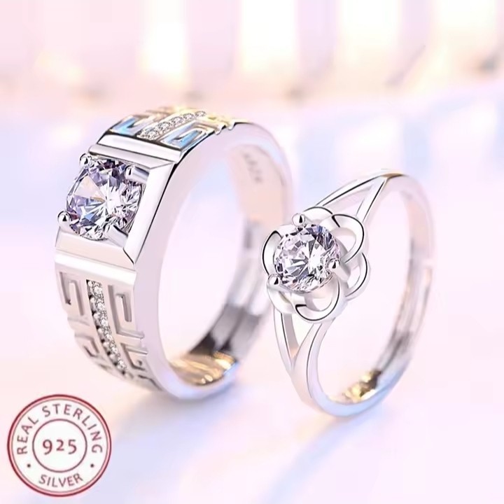 2PCS Couple Ring 925 Sterling Silver AAA Zircon For Women and Men Sweet Wedding