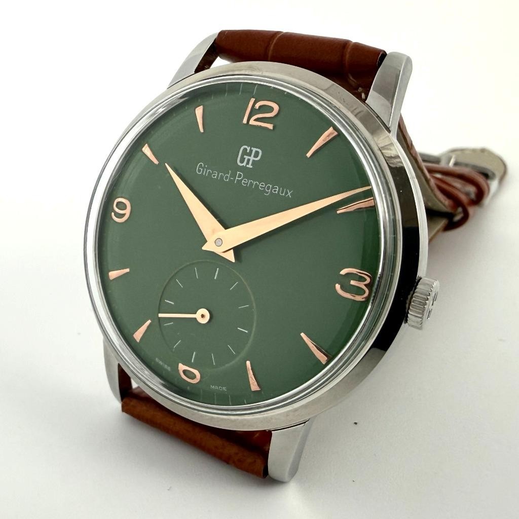 LARGE VINTAGE GIRARD PERREGAUX MANUAL WIND STEEL GENTS WATCH NICE GREEN DIAL