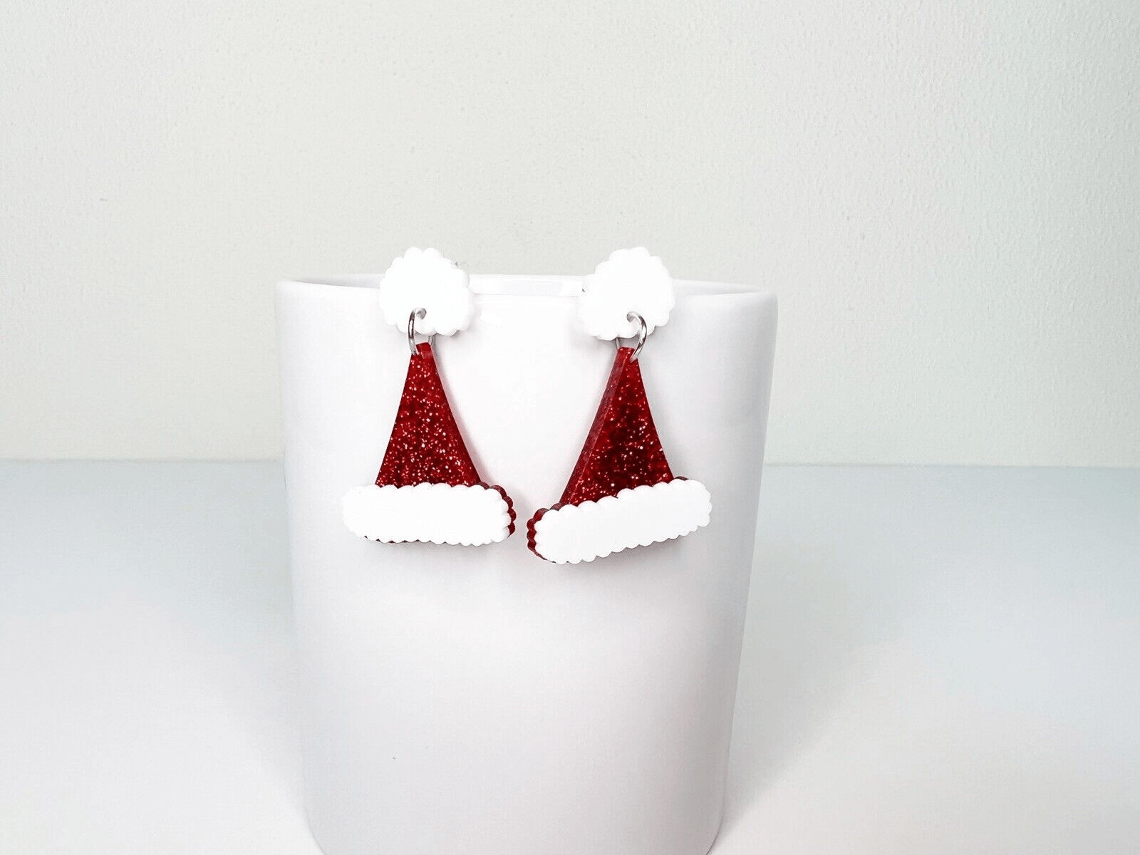 Christmas Holiday Red White Glitter Acrylic Santa Hat Post Earrings