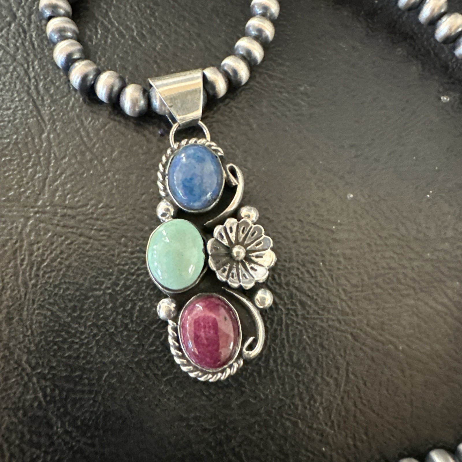 Multicolor Turquoise Spiny Navajo Sterling Silver Cluster Pendant Necklace 19313
