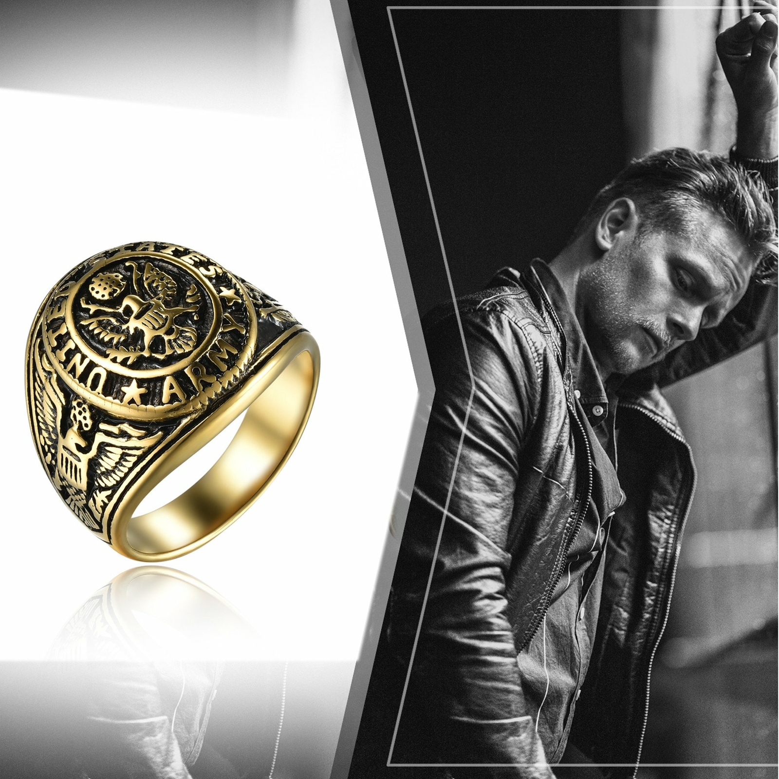 Stainless Steel Gold Plated Eagle US Army Ring Army Seal Biker Band for Men