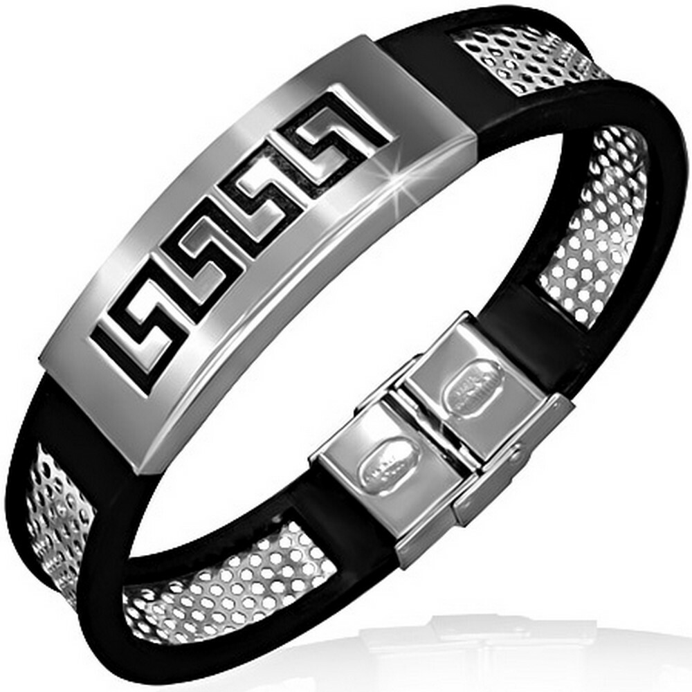 Stainless Steel Black Rubber Silver-Tone Greek Key Mens Bracelet with Clasp