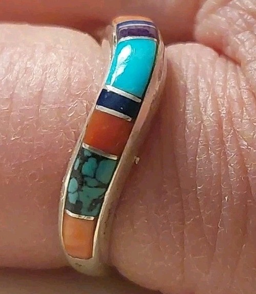 Navajo Ring Turquoise 10 Gemstone Flush Inlay Sterling Silver Band Women Size 7