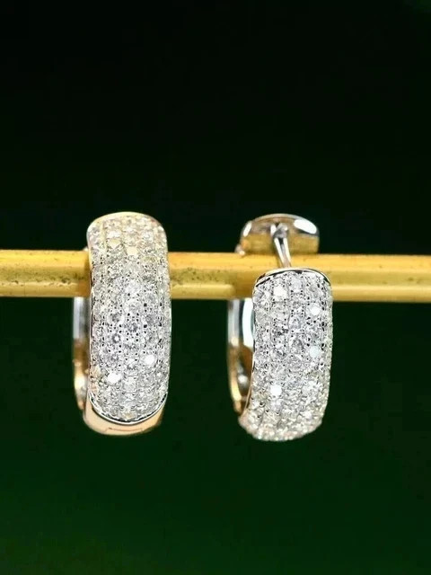 2Ct Round Cut Real Moissanite Women Huggie Hoop Earrings 14K White Gold Over