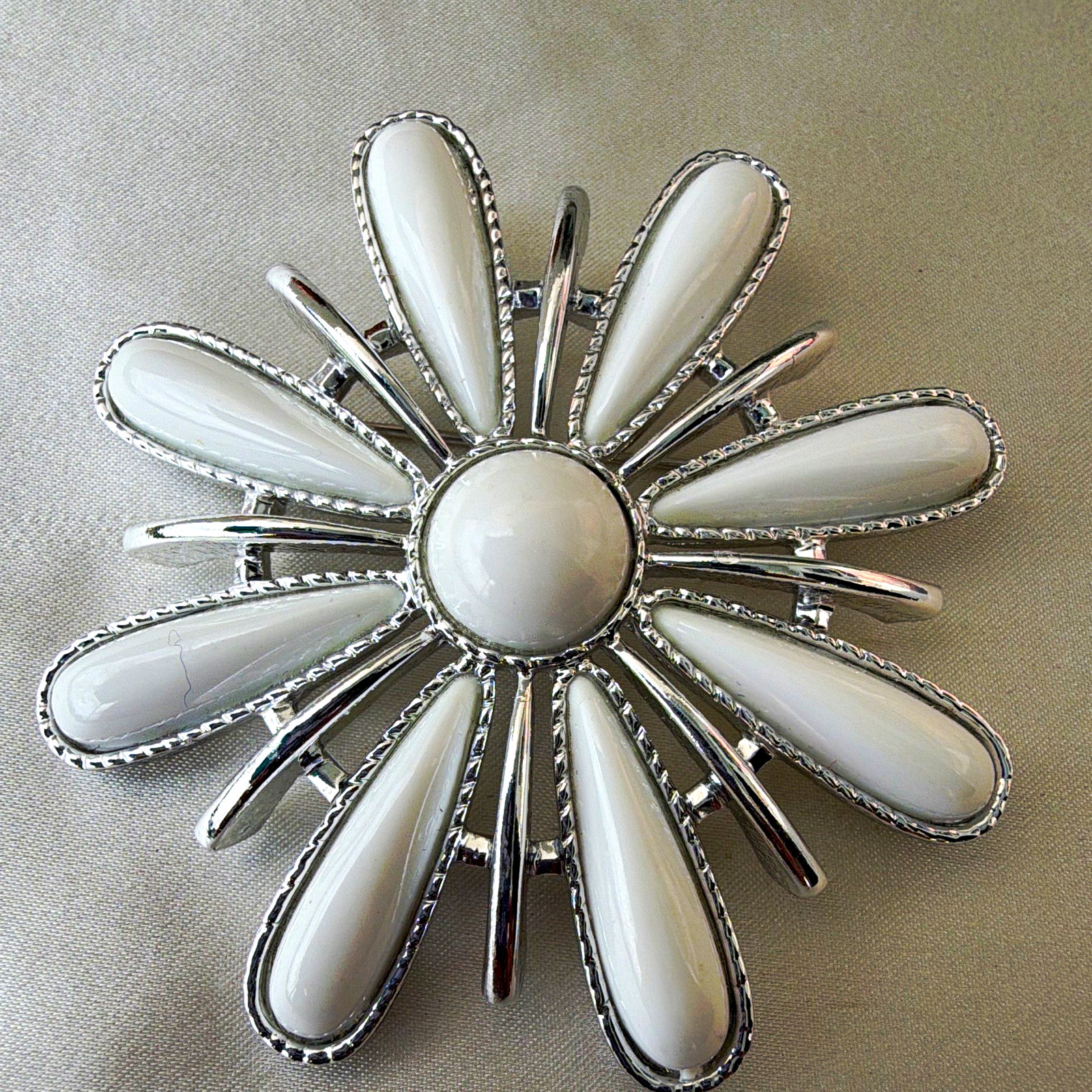 Silver Tone White Flower Brooch Pin, Metal, Flowers Theme, Approx. 2.75 in