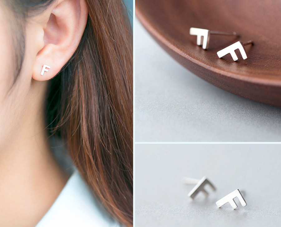 S925 Sterling Silver Satin Finish Alphabet Letter Initial Stud Earrings