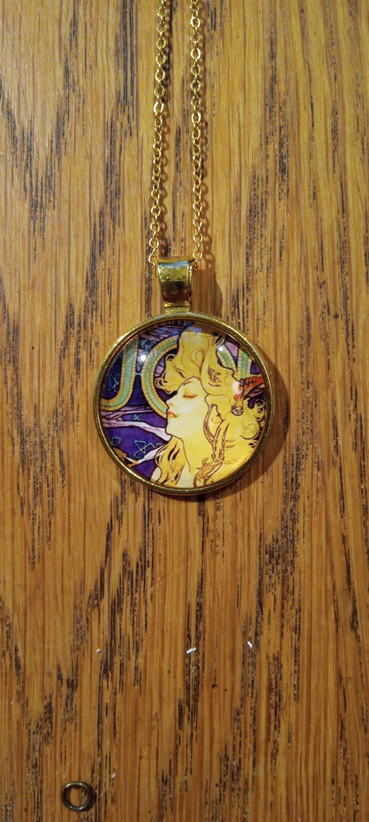 Goddess Cabochon Pendant, Alphonse Mucha Art Nouveau, Glass Pendant Goldplated
