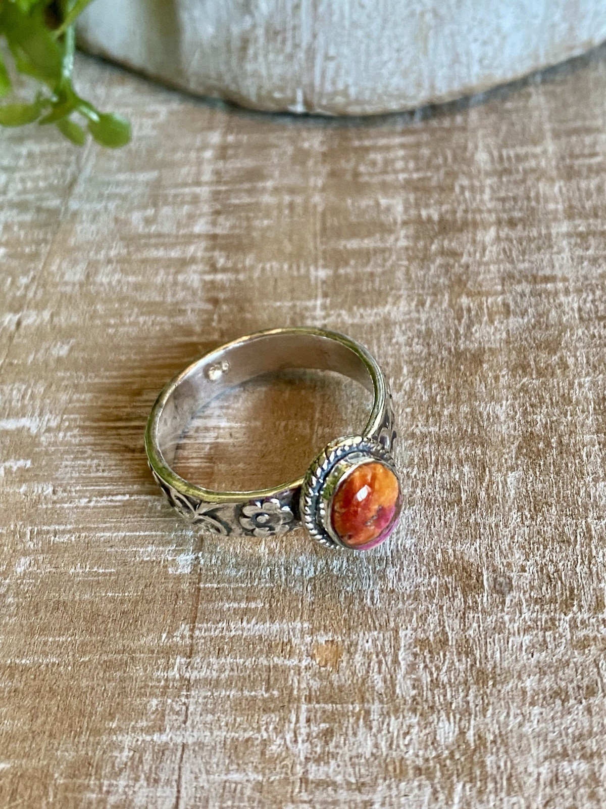 Pink Orange Spiny Oyster Shell Sterling Silver Ring Boho Southwestern Flower 8