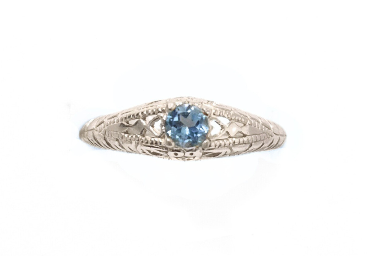 Blue Natural Topaz Ring Filigree Victorian, 925 Sterling Silver, Size 6.5
