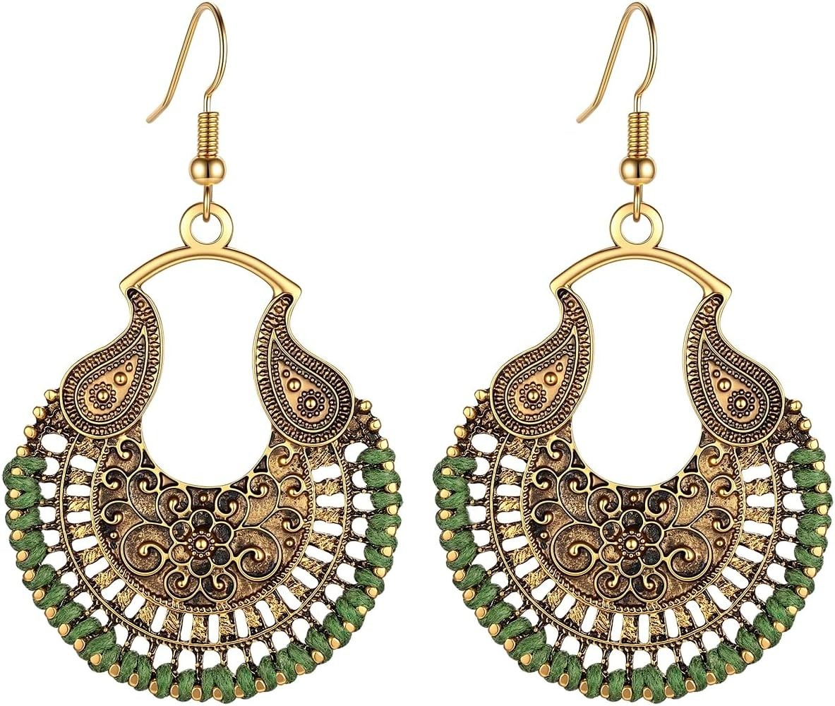 Boho Vintage Dangle Earrings: Handwoven Green Bronze for Everyday Elegance