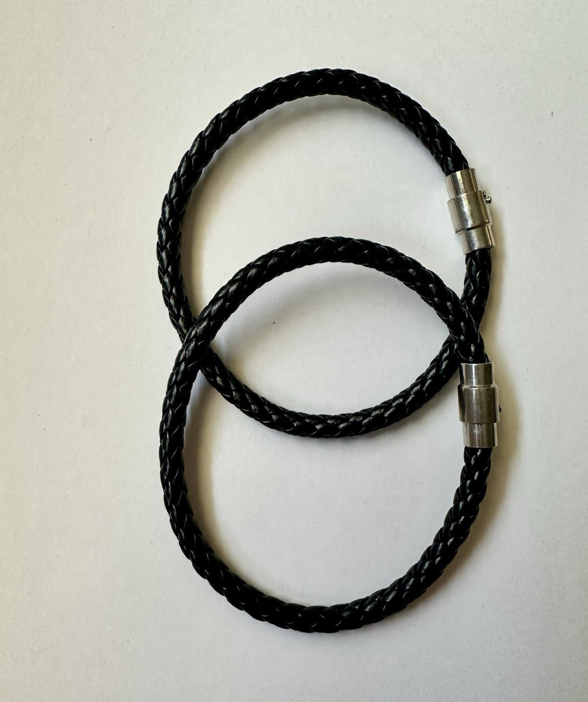 Black Braided Leather Wrap Bracelet with Silver-Tone Magnetic Clasp